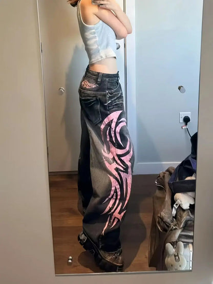 Y2K American Vintage Mottled Totem Print Baggy Jeans Women's High Waist Wide Leg Jeans Women's Harajuku Trendy Hip-hop Jeans SS69