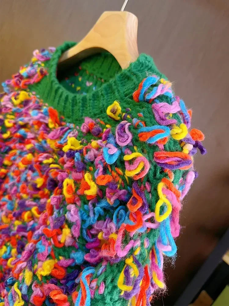 Fringe Crochet Jumper Rainbow Color Handmade Sweater Crew Neck Thick Needles Knit Pullover Knitwear Autumn/Winter Women Clothing SS69