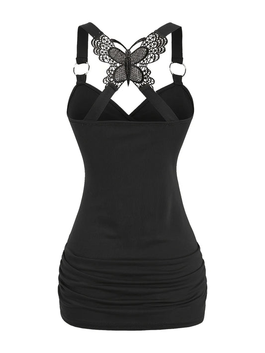 New European and American women's pleated suspenders butterfly lace cross vest in spring and summer of 2024 SS69