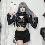 Punk Faux Leather Cropped Jacket with Rivets - Women's Streetwear