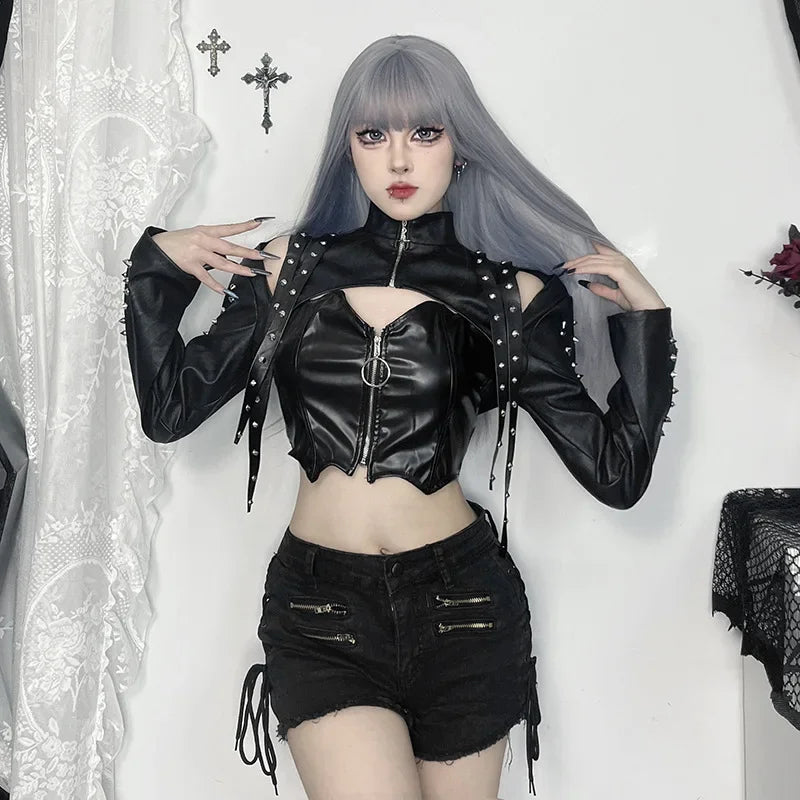 Punk Faux Leather Cropped Jacket with Rivets - Women's Streetwear