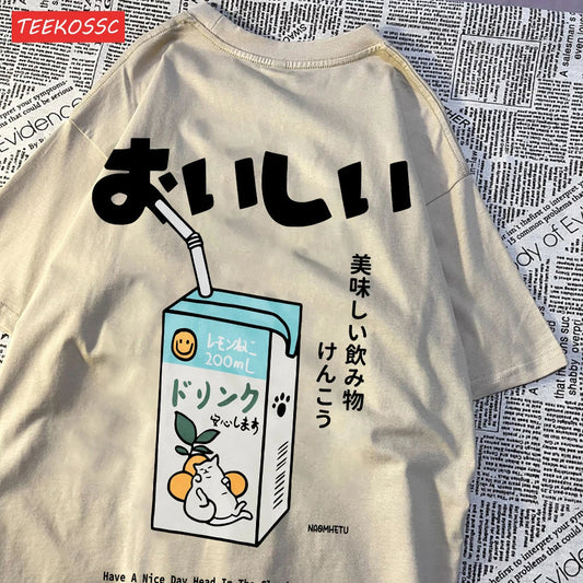 Cute Japanese Cat Print Oversized T-shirt Women Men Short Sleeve Loose Casual Tee Shirt Streetwear Tops Cotton Harajuku Clothing SS69 13.69 Khaki / M