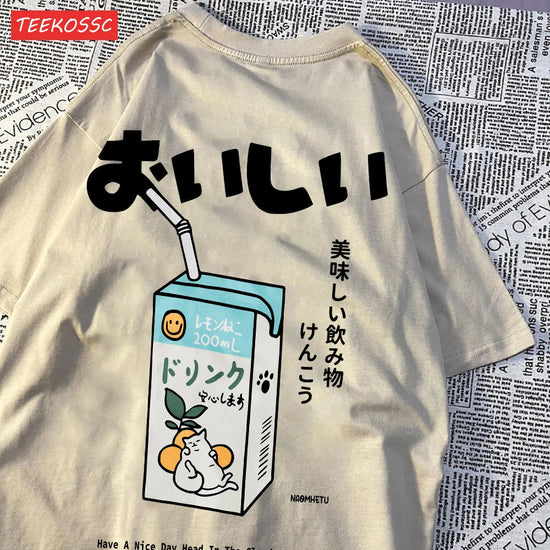 Cute Japanese Cat Print Oversized T-shirt Women Men Short Sleeve Loose Casual Tee Shirt Streetwear Tops Cotton Harajuku Clothing SS69 13.69 Khaki / M