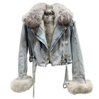 Winter Women Denim Coat Jacket Fox Collar Short  Warm High Street Outerwear Thicken Coat High Quality Luxury Design Party Wear