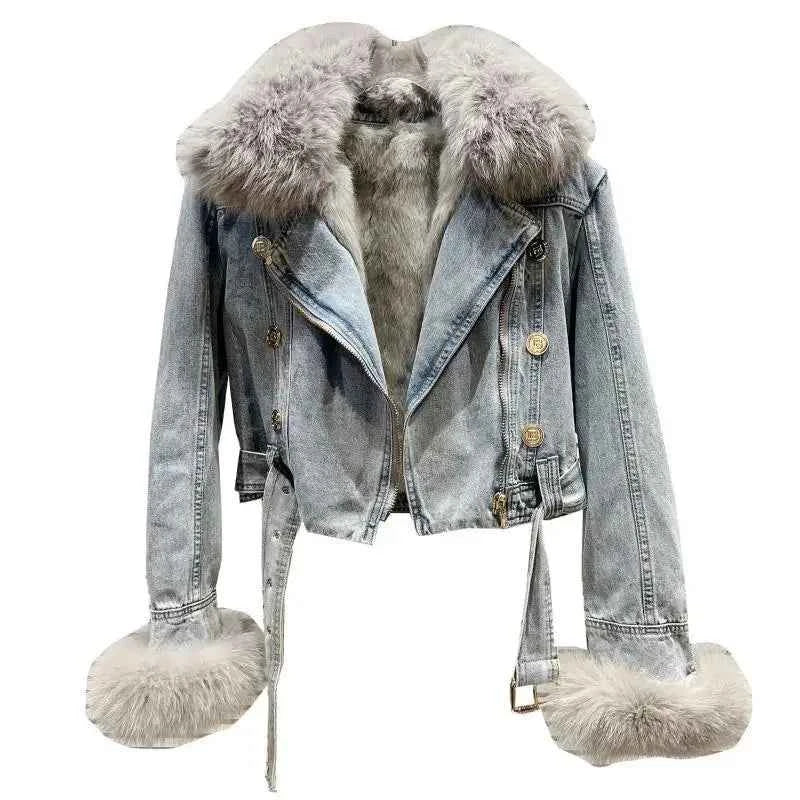 Winter Women Denim Coat Jacket Fox Collar Short  Warm High Street Outerwear Thicken Coat High Quality Luxury Design Party Wear