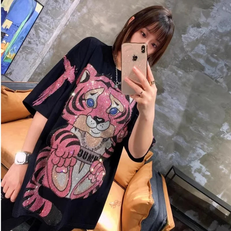 Diamond Stamping Tiger Letter Design Plus Size Women's T-shirt Street Personality Y2K Fashion Plus Size Tops Summer New T-shirts SS69
