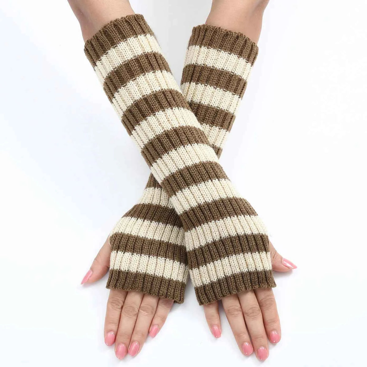 Women's Knitted Fingerless Arm Sleeves Gothic Style Striped Winter Long Arm Warmers Girls Harajuku Y2K Fashion Wrist Gloves