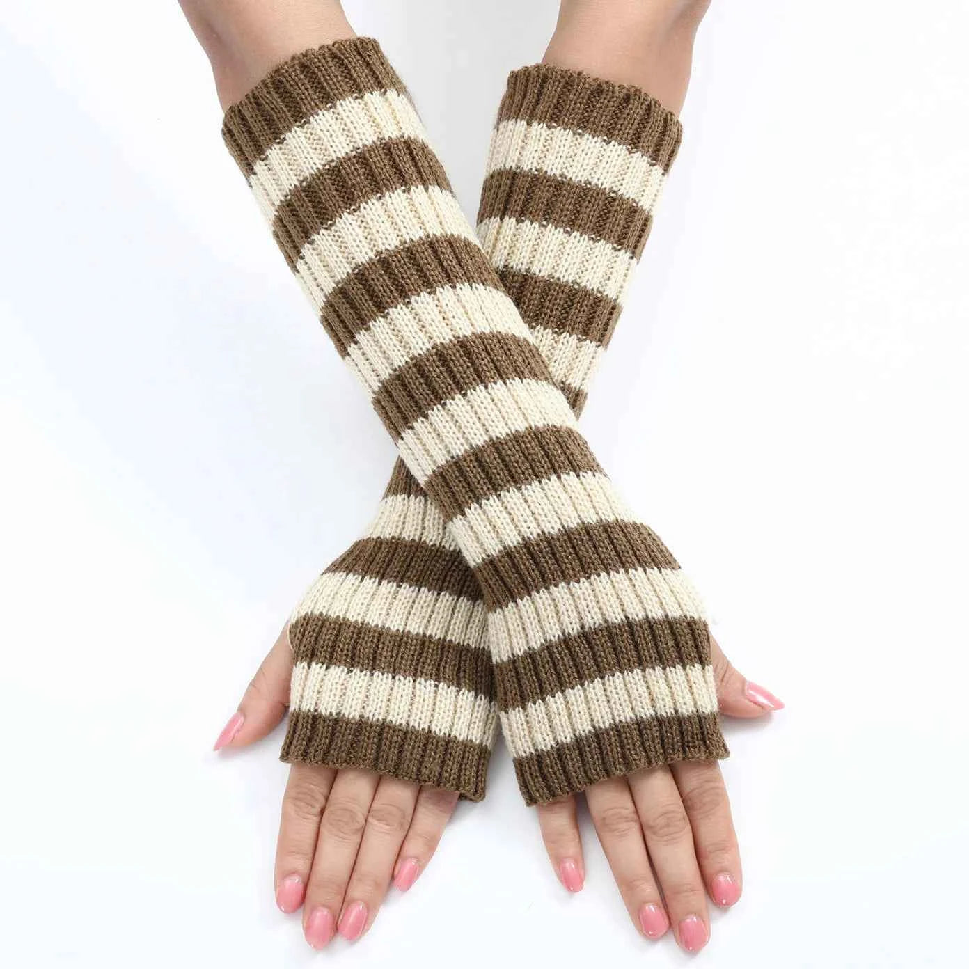 Women's Knitted Fingerless Arm Sleeves Gothic Style Striped Winter Long Arm Warmers Girls Harajuku Y2K Fashion Wrist Gloves