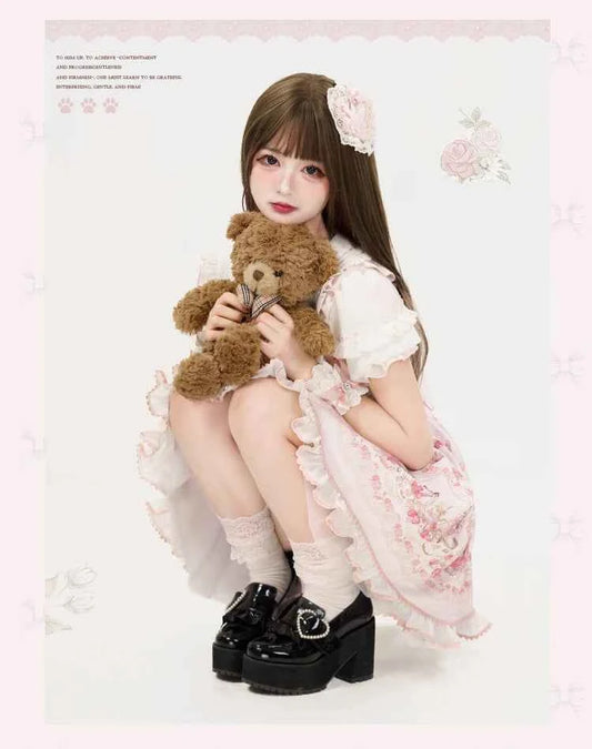 Original New Spring Summer Cute Print Short-sleeved Lolita OP Dress Japanese Sweet Girl Mass-produced Kawaii Bow Short Dresses