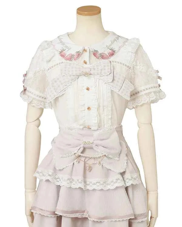 Japanese New Liz Plaid Bow Lolita Strawberry Embroidered Short Sleeve Shirt Women's Spring Summer Sweet Blouse Shirts
