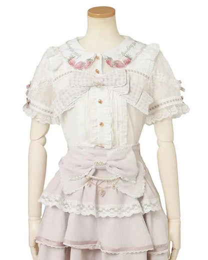 Japanese New Liz Plaid Bow Lolita Strawberry Embroidered Short Sleeve Shirt Women's Spring Summer Sweet Blouse Shirts