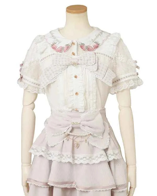 Japanese New Liz Plaid Bow Lolita Strawberry Embroidered Short Sleeve Shirt Women's Spring Summer Sweet Blouse Shirts
