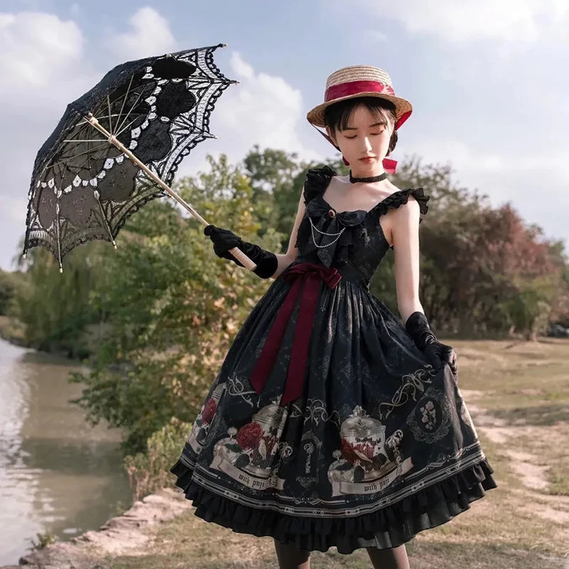 Vintage Lolita Jk Dress Women Black Gothic Bow Ruffles Party Camis Dress Japanese Kawaii Vacation Victorian Sleeveless Vestidos SS69