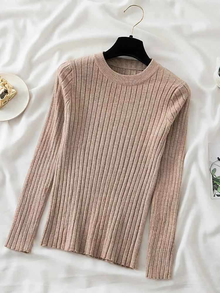 Women Pullovers Sweaters Knit Soft Jumper tops New Autumn Winter Tops O-Neck Ribbed Long Sleeve Korean Slim-fit Female Sweater