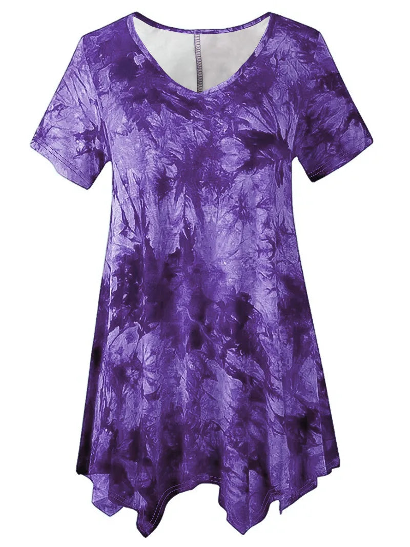 5XL Plus Size Woman Clothing Tie Dye Short Sleeve T-shirt Casual New Style V Neck Irregularity Tops Big Size Ladies Loose Tops - SS69 