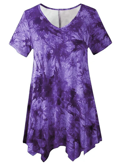 5XL Plus Size Woman Clothing Tie Dye Short Sleeve T-shirt Casual New Style V Neck Irregularity Tops Big Size Ladies Loose Tops - SS69 