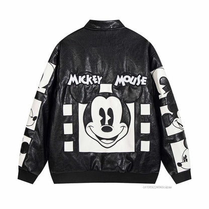 Disney American Cartoon Mickey Embroidery Leather Jacket Men Women Autumn Winter Loose Casual Jacket Fashion Trend Couples Coat SS69