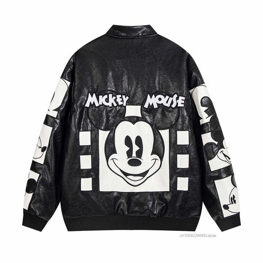 Disney American Cartoon Mickey Embroidery Leather Jacket Men Women Autumn Winter Loose Casual Jacket Fashion Trend Couples Coat SS69