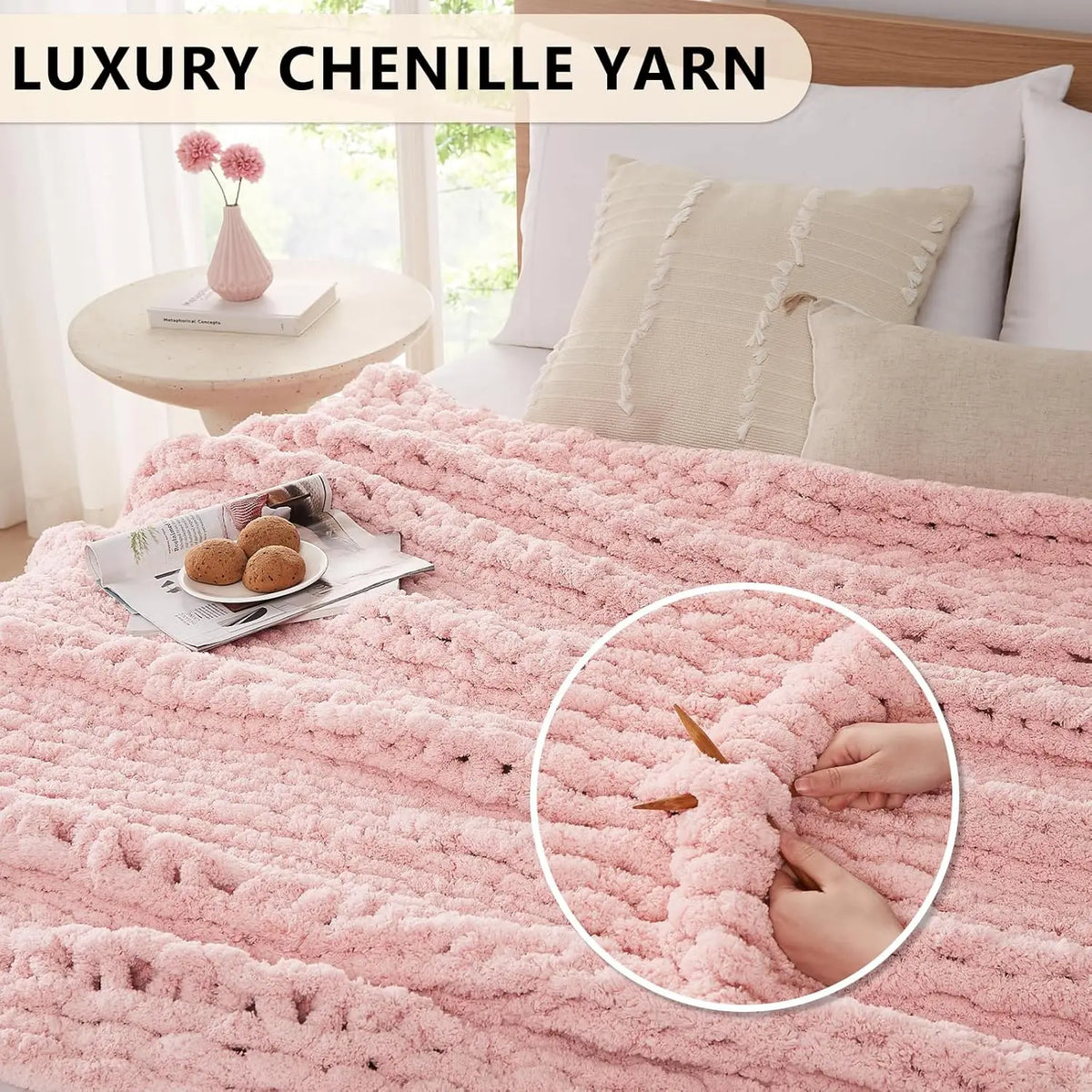 Chunky Knit Blanket Throw Chenille Chunky Knitted Throw Blanket for Bed Couch Handmade Thick Big Cable Knit Blanket