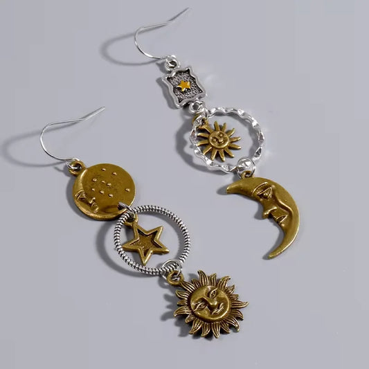 SS69 Greek Mythology Sun and Moon Asymmetric Drop Earrings, Zinc Alloy