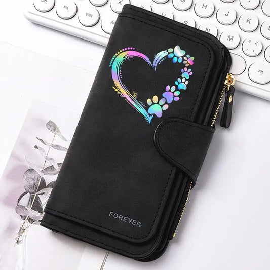 ZeAiLi Long PU Leather Clutch Wallet with Animal Paw and Butterfly Print