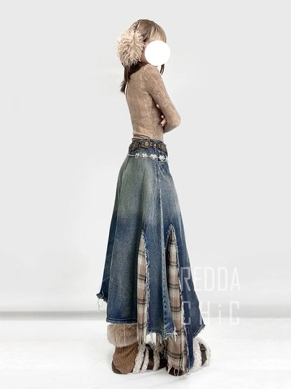 REDDACHiC Women's Irregular Patchwork Plaid Denim Maxi Skirt, Asymmetrical
