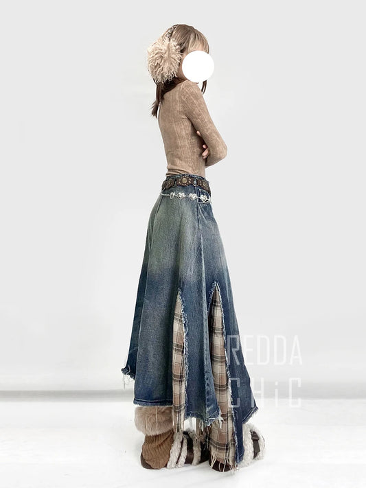 REDDACHiC Women's Irregular Patchwork Plaid Denim Maxi Skirt, Asymmetrical