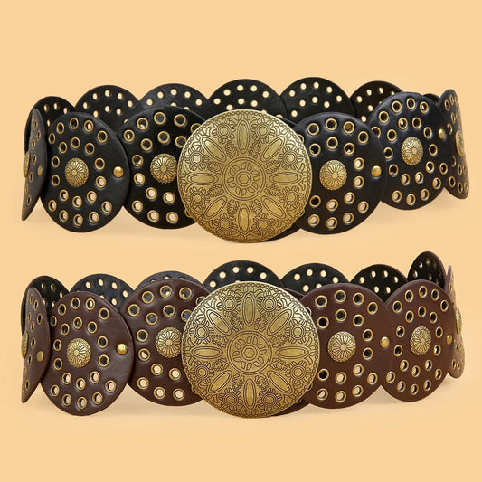 SS69 Women's Y2K Vintage Rivet Patchwork Wide Faux Leather Waist Belt