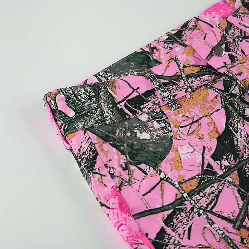 Rockmore Pink Thorn Camouflage Printed Flare Pant Casual High Street Trouser Women Y2k Clothes Autumn Aesthetic Grunge Fairycore SS69