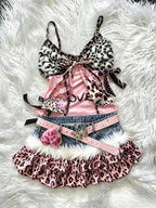 Y2K American Vintage Leopard Print Matching Sets Women Gothic Punk Satin Cami Fluffy Trim Mini Skirt Subculture Daily Outfits