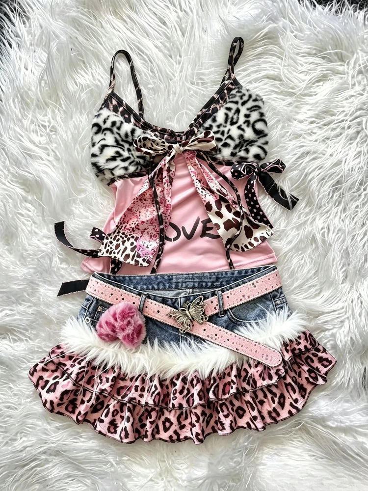 Y2K American Vintage Leopard Print Matching Sets Women Gothic Punk Satin Cami Fluffy Trim Mini Skirt Subculture Daily Outfits