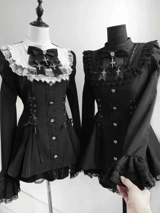 2025 Autumn Gothic Lolita Dress Sweet Heart Black Bow - Elegant Long Sleeve Short Dress with Lace Trim Slim Fit Waist for Women