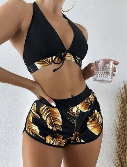Women 2024 New Bikinis 6 Colors Sexy Halter Bikini 3 Piece Set Leafs Print High Waisted Swimsuit Beach Bathing Suit Size S-XXL SS69 14.69 YH953B2 / S
