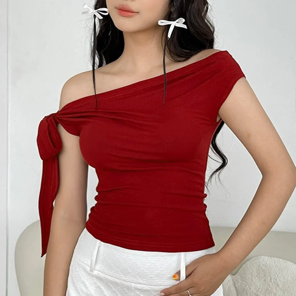 Casual Top Women'S Summer Ins Style New Shrink Pleated One-Shoulder Crop Top Backless Twist Tie Asymmetric T-Shirt SS69 13.69 Red / M