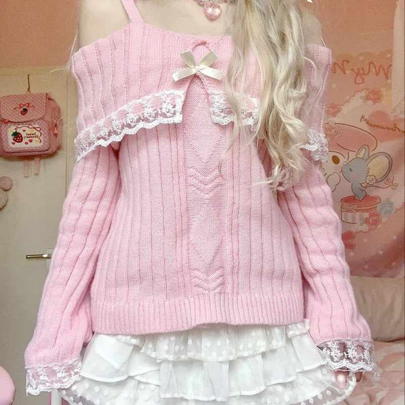Pretty Cute Outfits Harajuku Cosplay Sweater Kawaii Lace Trim Off Shoulder Pullovers Y2K Aesthetic Vintage Long Sleeve Jumpers SS69
