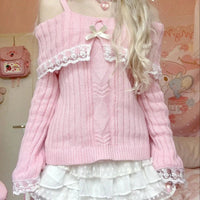 Pretty Cute Outfits Harajuku Cosplay Sweater Kawaii Lace Trim Off Shoulder Pullovers Y2K Aesthetic Vintage Long Sleeve Jumpers SS69