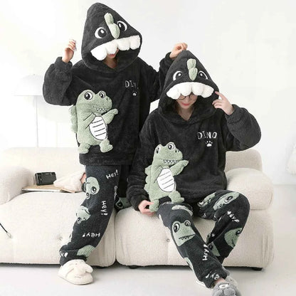 Adult Winter Thicken Sleepwear Pajamas Set Women Coral Fleece Pyjama Cartoon Deer Panda Hooded Homewear Loungewear Pijamas Suit
