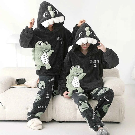 Adult Winter Thicken Sleepwear Pajamas Set Women Coral Fleece Pyjama Cartoon Deer Panda Hooded Homewear Loungewear Pijamas Suit