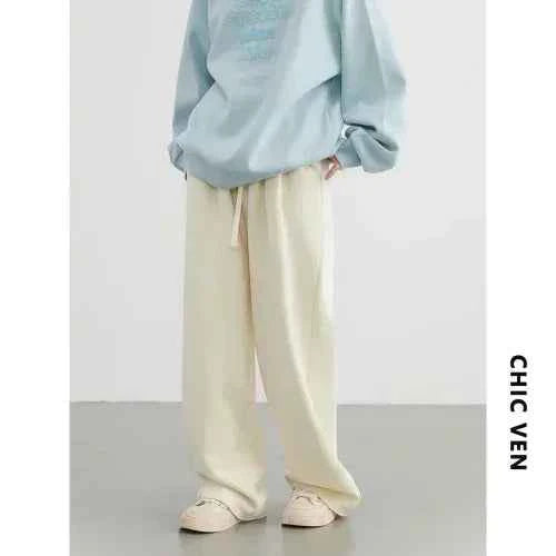 CHIC VEN Women's Pant Streetwear Solid Loose New Drawstring Sports Casual Trousers High Waisted Pants Autumn Winter 2025