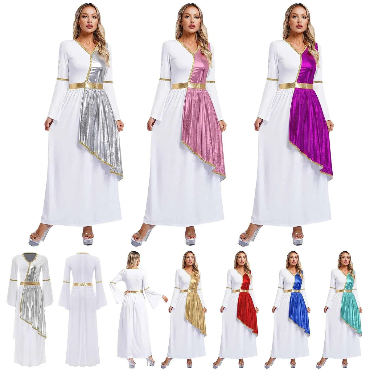 Woman's Greek Aphrodite Nymph Halloween Cosplay Costume Shiny Bell Long Sleeve Maxi Robe Dress Church Choir Prayer Gown