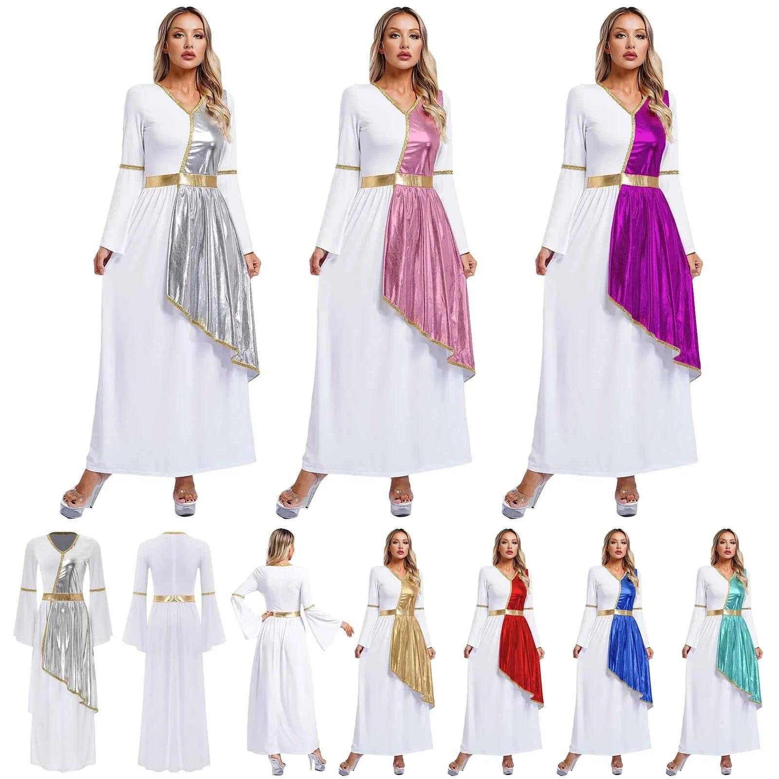 Woman's Greek Aphrodite Nymph Halloween Cosplay Costume Shiny Bell Long Sleeve Maxi Robe Dress Church Choir Prayer Gown