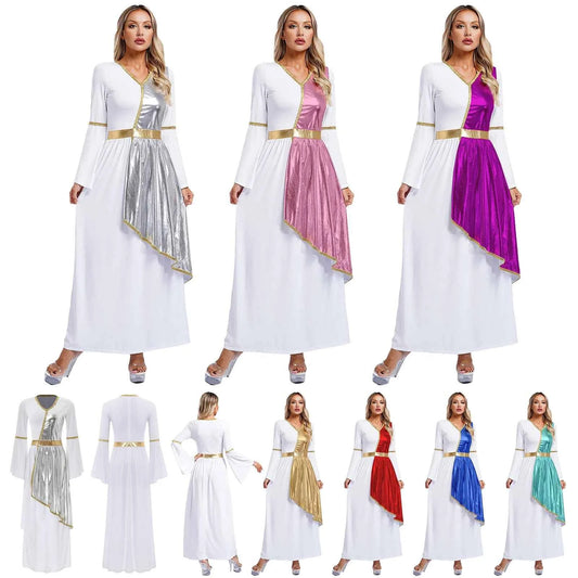 Woman's Greek Aphrodite Nymph Halloween Cosplay Costume Shiny Bell Long Sleeve Maxi Robe Dress Church Choir Prayer Gown