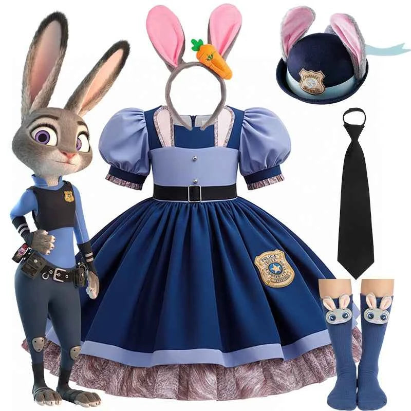 Girl Cosplay Disney Judy Hopps Police Officer Dress Zootopia Bunny Costume Kids Dress Up Halloween Rabbit Dress Outfits