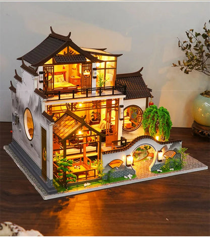 NEW DIY Wooden Doll Houses Japanese Ancient Casa Miniature Building Kits with Furniture Led Dollhouse for Adults Christmas Gifts SS69