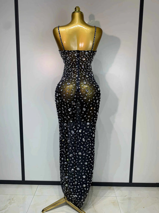 Luxury Rhinestones Sexy Mesh See Through Bodycon Dress Women Birthday Evening Cocktail party Gown Red Carpet Club Stage Outfit