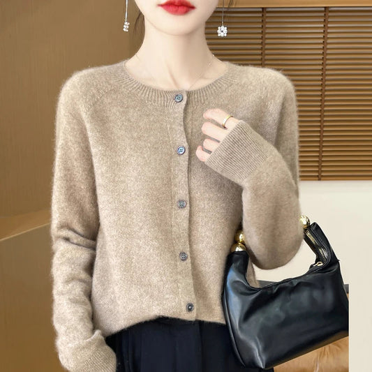 100%Merino Wool Cardigan Women's Round Neck Casual High-Quality AutumnWinter Solid Color Jacket Knit Basic Sweater Pure Wool Top SS69