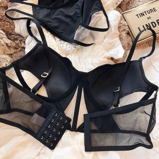 French Thin Cup Women Lingerie Set Sexy Hollow Lace Bra Set Summer Mesh Comfort Breathable Underwear Fish Bone Tops Intimates