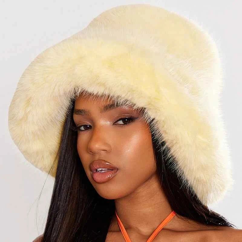 2025 Fluffy Faux Fur Bucket Hats Women Rabbit Fur Warm Thick Plush Winter Hat Lady Fashion Luxury Panama Furry Fisherman Cap Y2k