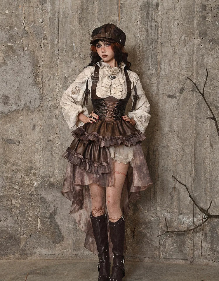 Blood Supply Original Dark Steampunk Asymmetric PU Autumn Maillard Chest Strap Trail Dress Brown Light Lolita Suspender Dress