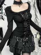 AltGoth Aesthetic Goth T-shirt Women Hotsweet Y2k E-girl 2000s Streetwear Lace Patchwork Square Collar Long Sleeve Crop Tee Tops SS69